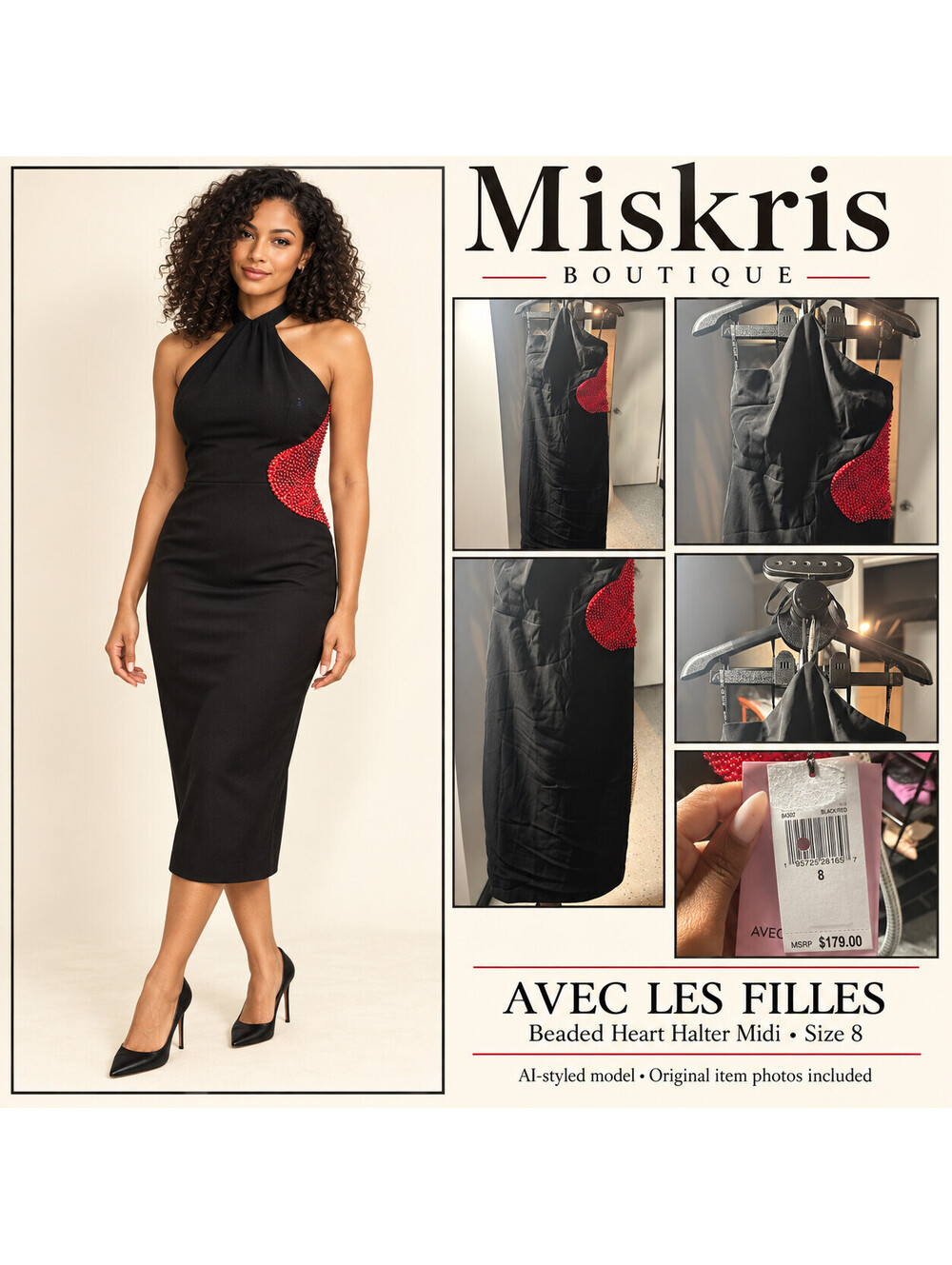 Avec Les Filles Black Red Beaded Heart Halter Midi Dress Size 8 Cocktail